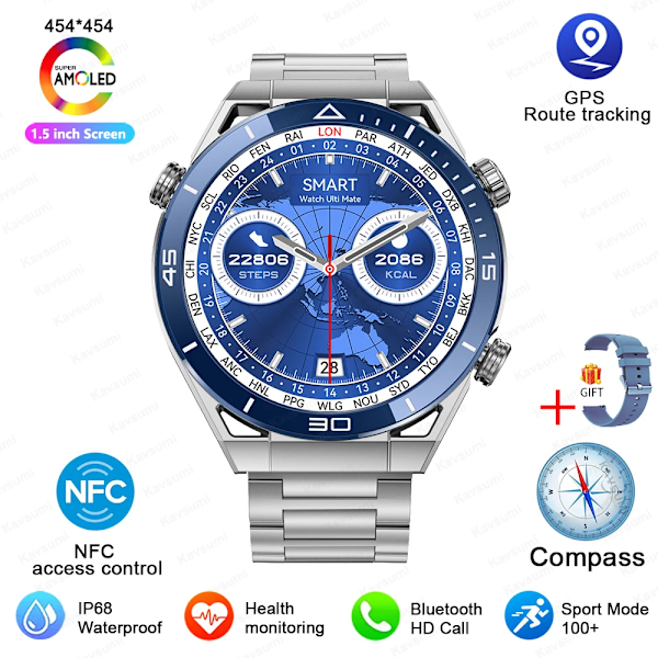 Ny NFC Smartklocka Herr Smart Bluetooth Samtal Sport GPS Spårning Smartwatch Dam Puls EKG PPG Smartklocka För Android ios Blå Stål