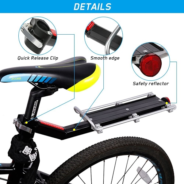 Pakethållare, universal justerbar bagagehylla bak med reflektor Aluminium bagagehållare 9 kg kapacitet Cykeltillbehör för cykling och camping