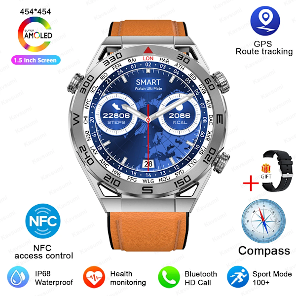 Ny NFC Smartklokke Herre Smart Bluetooth Anrop Sport GPS Sporing Smartklokke Dame Hjertefrekvens EKG PPG Smartklokke For Android ios Sølv Lær