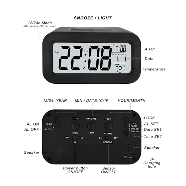 Svart digital vekkerklokke med nattlys, justerbar lysstyrke