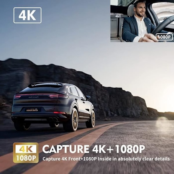 Abask J05 Pro Bilkamera 4K 1080P WIFI APP Tilkobling DashCam Vinkel 170°+140° Nattsyn Infrarød Med 64GB Kort