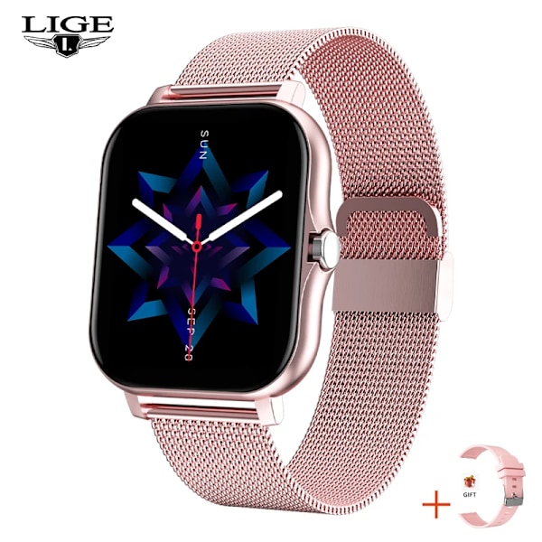 LIGE Ny Bluetooth Samtal Smart Klocka Dam Röstassistent Sport Fitness Armband Vattentät Lday Smartwatch Herr För Android Ios Mesh-armband rosa