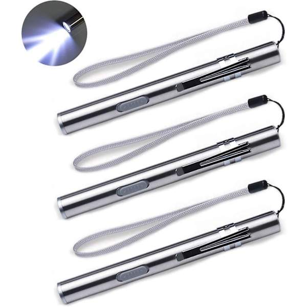 3-Pack Mini USB Rechargeable Stainless Steel LED Pockets for Mechanics, Nurses and Doctors