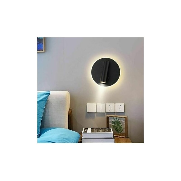 Senglampe - Senglamper LED Vegglampe hotell innendørs lamper vegg seng Korridor vegglampe med bryter Svart 9W 3000K varmt lys (Rund)