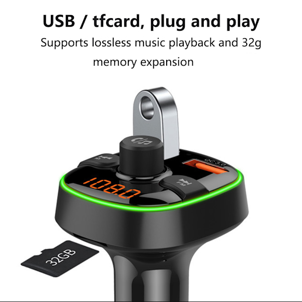Bluetooth FM-lähetin autoon, QC3.0 langaton Bluetooth-radioadapteri Musiikkisoitin Laturi Autosarja handsfree-toiminnolla, 7-värisellä LED-taustavalolla, 2 USB-porttia
