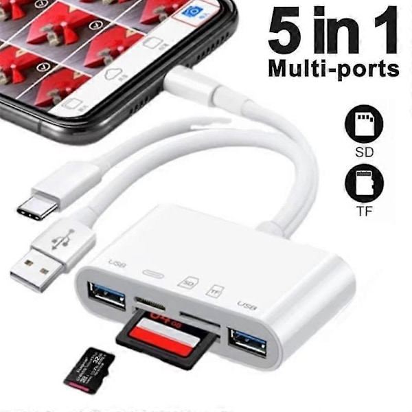 5-i-1 USB OTG-adapter SD TF-minneskortläsare USB Typ C Lightning 3-portars för kamera Multimemory för iPhone Macbook Samsung Huawei PC-tillbehör