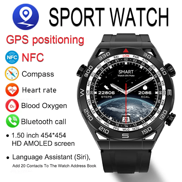 NFC AMOLED Smartklocka Herr Anpassad Urtavla Svara Ring Sport GPS Spår Kompass IP68 Vattentät Smartwatch För Huawei Ultimate