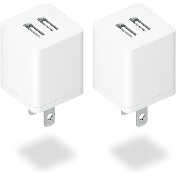 USB-lader, 2-pakning Bærbar, 5V 2.1A Dobbel USB-A Port Ladekloss, Kompatibel med iPhone, Android, Garmin Klokke, Samsung Klokke, etc.