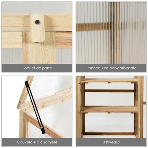 COSTWAY Trädgårdsväxthus i trä med 3 våningshyllor Klarglas 60x45x100CM polykarbonat för trädgård/balkong