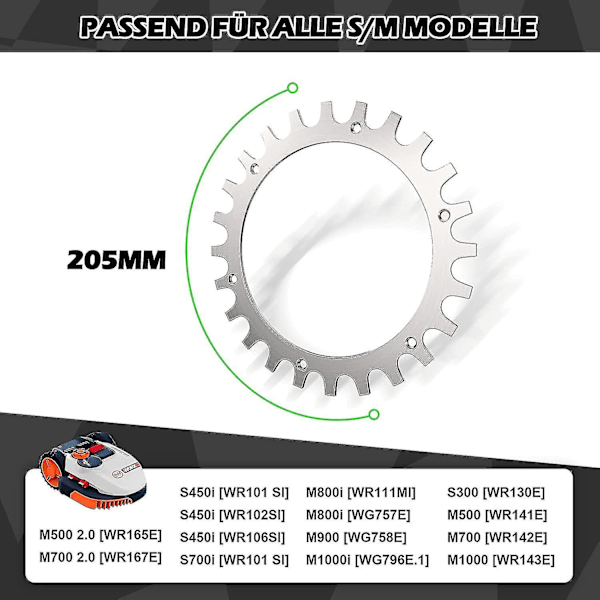 2 x premium rustfrie søm til Worx S/m model, 2 x rustfrie skruesøm Traction Enhancer, robotplæneklipper Hjulstørrelse 205 mm