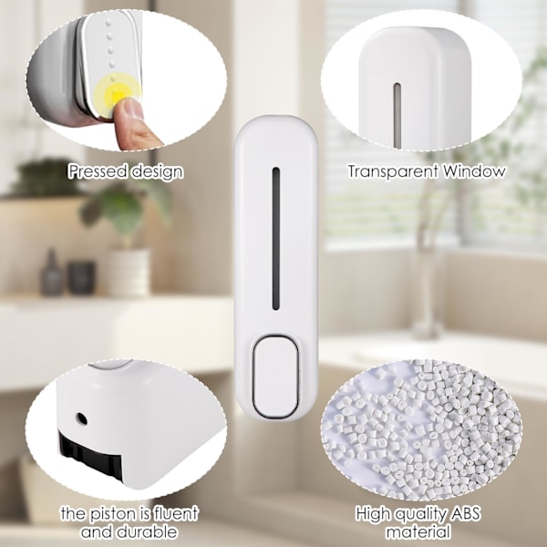 Tvålpump för väggmontering, vit, 300 ml, påfyllningsbar plast, flytande tvåldispenser, väggmonterad manuell schampodispenser, duschdispenser för hem och hotell