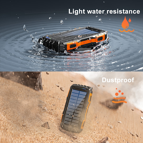 Sollader 20000mAh Power Bank Bærbar Solar Telefonlader, Camping Vanntett Ekstern Batterilader for Mobiltelefon, 2 USB/LED-lommelykt med