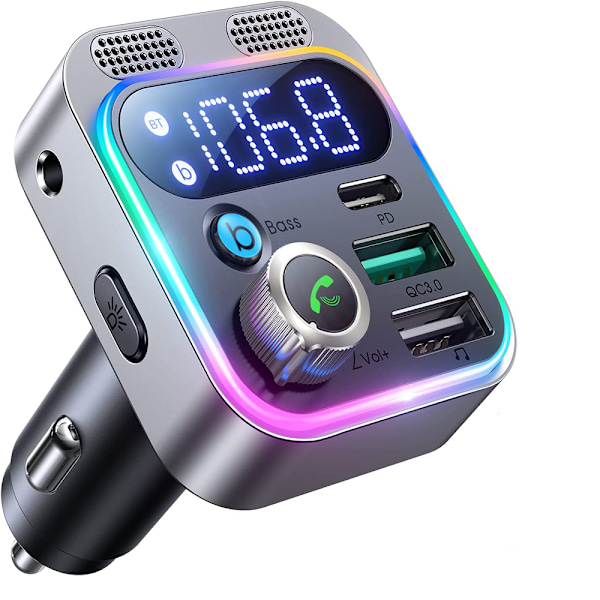 2022 Bluetooth 5.3 FM-lähetin, Aux Bluetooth -autoradioadapteri [vahvempi kaksoismikrofoni & HiFi-syväbassotoisto], handsfree, 48W PD&QC3.0,