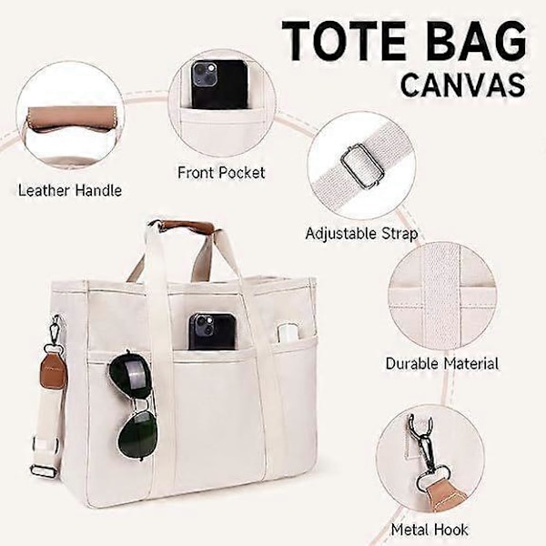Canvas Tote Bag med Flera Fack för Kvinnor (FMY)