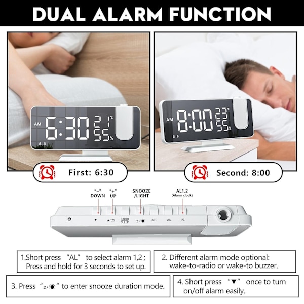 LED Digital Vækkeur Bord Elektronisk Skrivebordsure USB Vækning FM Radio Tidsprojektor Snooze Funktion 2 Alarmer