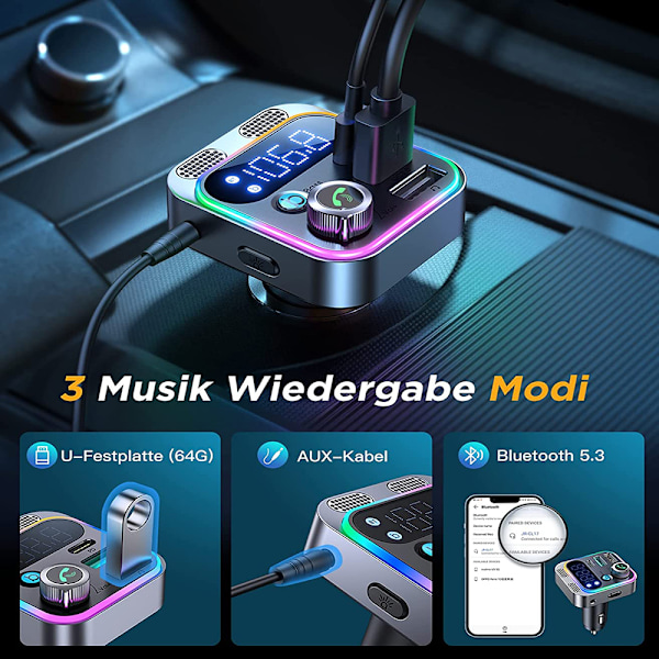 2022 Bluetooth 5.3 FM-lähetin, Aux Bluetooth -autoradioadapteri [vahvempi kaksoismikrofoni & HiFi-syväbassotoisto], handsfree, 48W PD&QC3.0,
