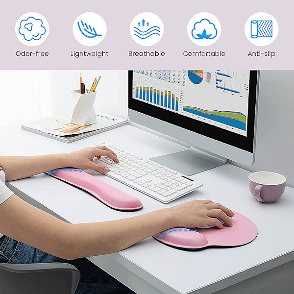 Rosa handledsstöd, ergonomisk musmatta i minnesskum, halkfri musmatta i gummi för arbete och spel