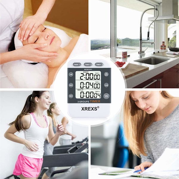 Digital køkkenur magnetisk stopur timer med ur, magnet, 3-niveau lydstyrke, LCD-display til madlavning, sport, studier, 2 AAA-batterier