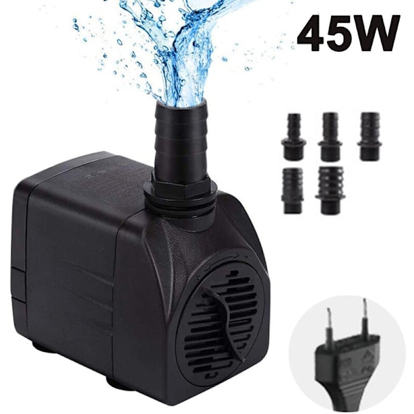 Nedsänkbar vattenpump, justerbar minivattenpump (45W), damm/fontänpump, ultratyst akvariepump, med 5 munstycken