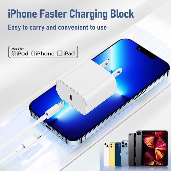 2-pakning kompatibel med hurtiglader, 20W Apple hurtiglader, med USB C til Lightning-kabel 2 meter superladeblokk for 11/12/13/14 [L]