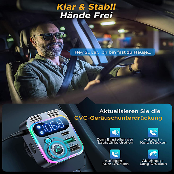 2022 Bluetooth 5.3 FM-lähetin, Aux Bluetooth -autoradioadapteri [vahvempi kaksoismikrofoni & HiFi-syväbassotoisto], handsfree, 48W PD&QC3.0,