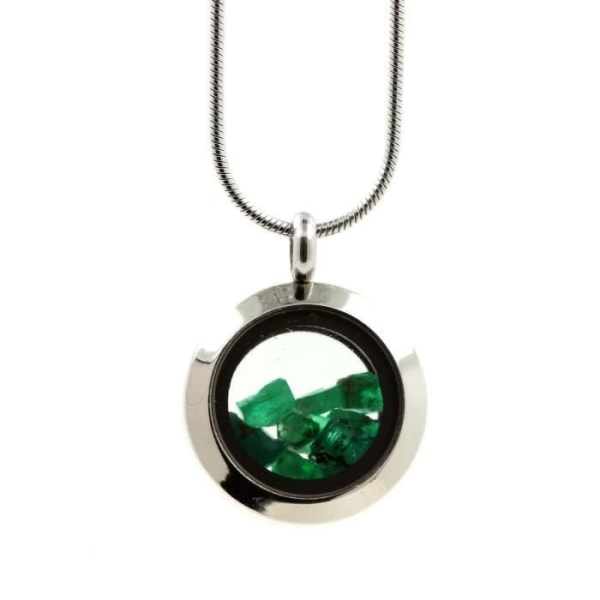 Stenar och mineraler. Raw Emerald halsband. Medaljong modell 30 mm. Silverfärg.