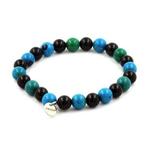 Sten og mineraler. Chrysocolla + Black Agate Beads Armbånd 8 mm. Fremstillet i Frankrig.