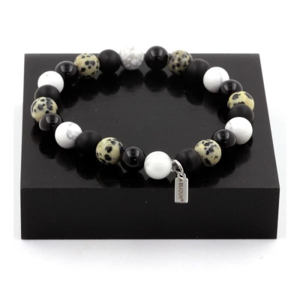 Stenar och mineraler. Armband Howlite Beads + Dalmatisk Jaspis + Mattsvart Onyx + Agat Tillverkat i Frankrike.