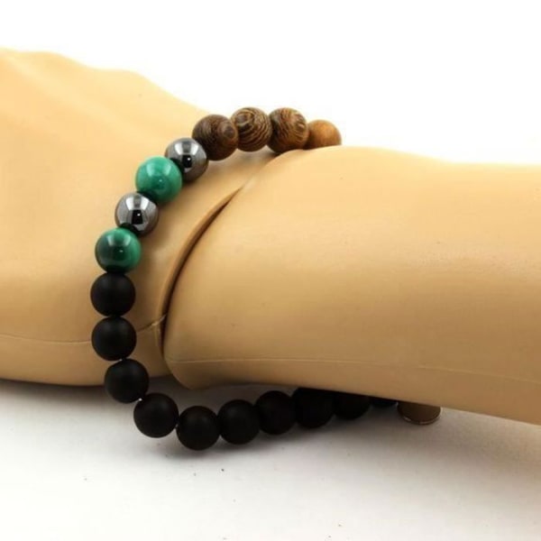 Sten og mineraler. Congo Malachite Beads Armbånd + Hæmatit + Mat Sort Onyx + Træ 8 Fremstillet i Frankrig.