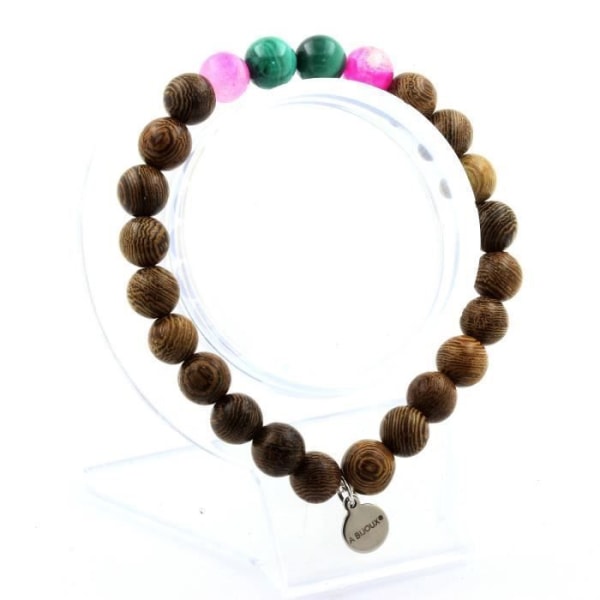 Stenar och mineraler. Kongo Malachite Beads Armband + Rosa bandad agat + Trä 8 mm. Tillverkad i Frankrike.