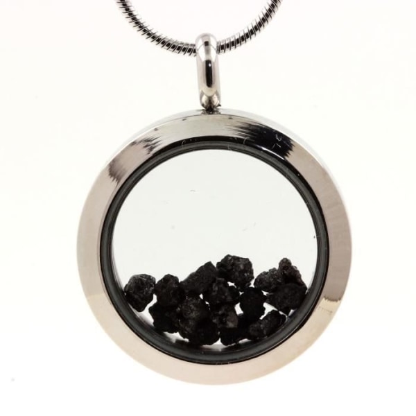 Stenar och mineraler. Rå svart diamanthalsband. Medaljong modell 30 mm. Silverfärg.