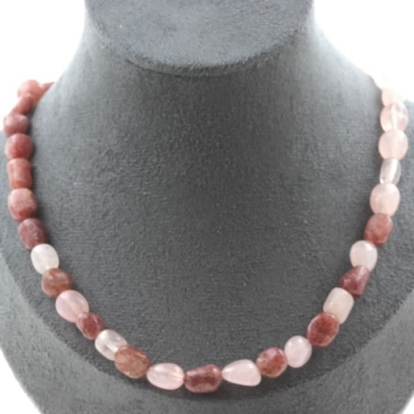 Stenar och mineraler. Brazilian Rose Quartz + Brazilian Ruby pärlhalsband. Kedjehalsband för kvinnor och män. Anpassningsbar storlek