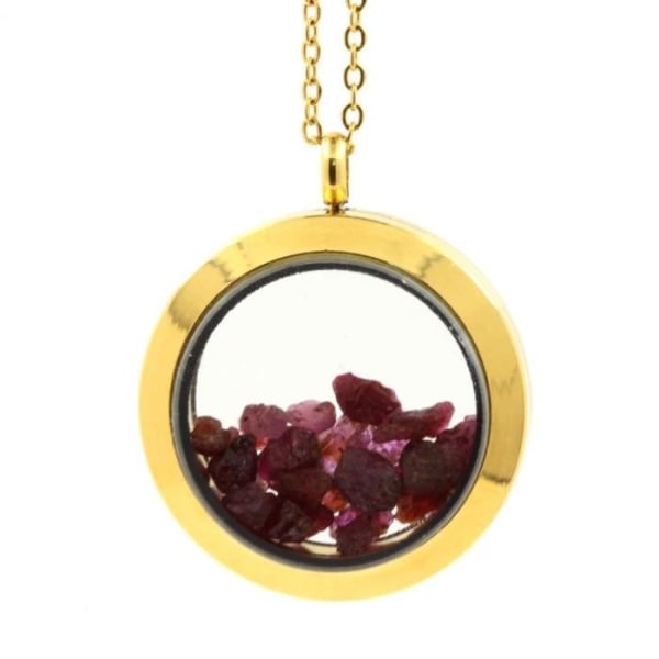 Stenar och mineraler. Rå rubin halsband. Medaljong modell 30 mm. Guldfärg.