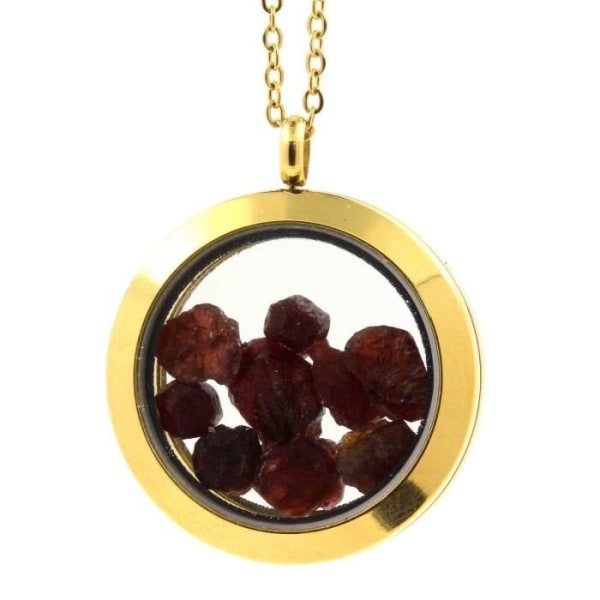 Stenar och mineraler. Rå granat halsband. Medaljong modell 30 mm. Guldfärg.