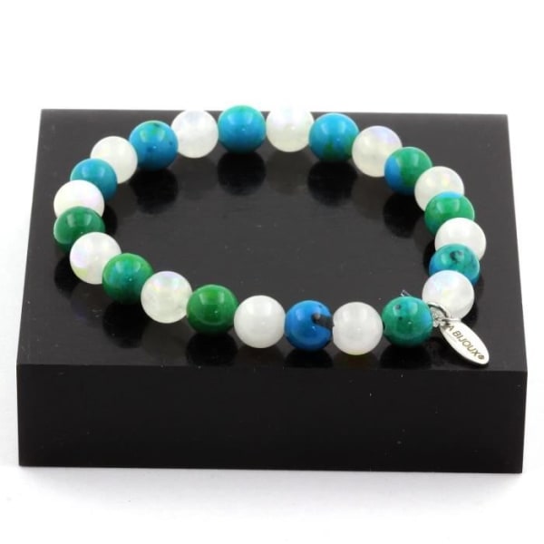 Sten og mineraler. Chrysocolla + Moonstone Beads Armbånd 8 mm. Fremstillet i Frankrig.