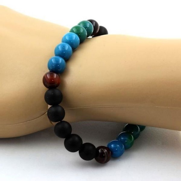 Red Tiger Eye Beads Armbånd + Chrysocolla + Mat Sort Onyx 8 - ABIJOUX - Lavet i Frankrig Röd