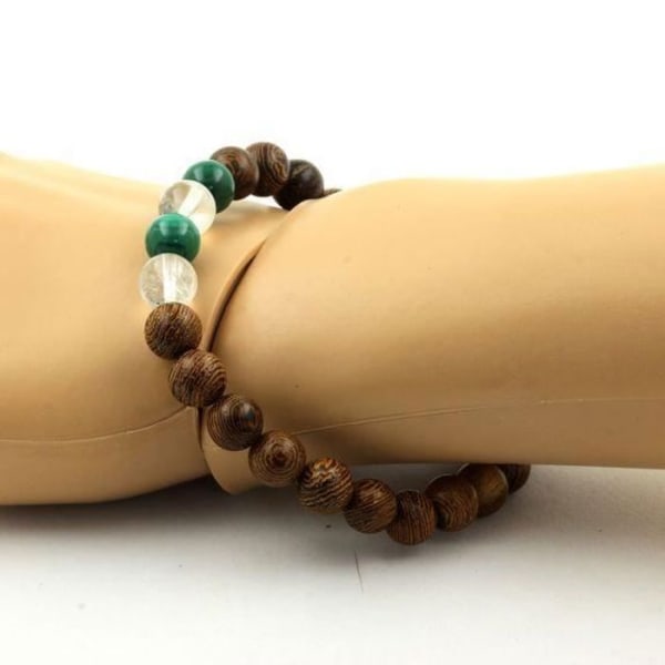 Stenar och mineraler. Kongo Malachite Beads Armband + Kvarts + trä 8 mm. Tillverkad i Frankrike.