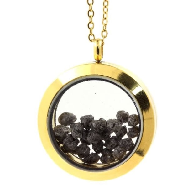 Stenar och mineraler. Rå grå diamant halsband. Medaljong modell 25 mm. Guldfärg.