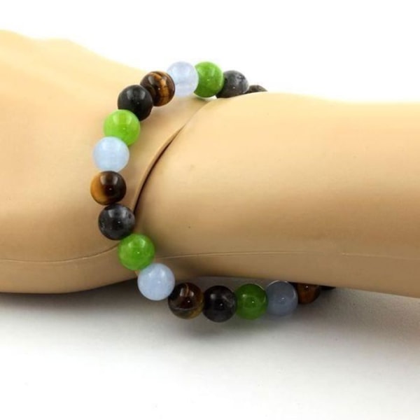 Stenar och mineraler. Aquamarine + Tiger Eye + Labradorite + Peridot Beads Armband 8 Tillverkat i Frankrike.