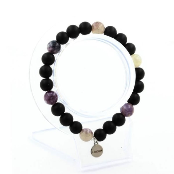 Stenar och mineraler. Lila Mica Beads Armband från Tanzania + Mattsvart Onyx 8 mm. Tillverkad i Frankrike.