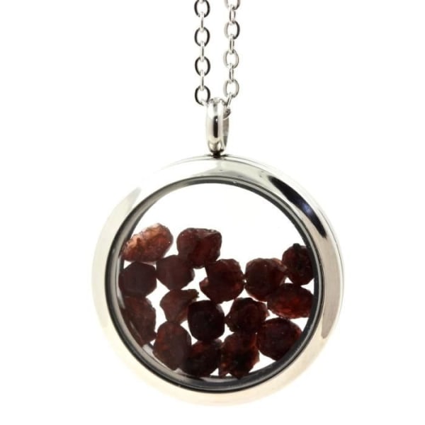 Stenar och mineraler. Rå granat halsband. Medaljong modell 20 mm. Silverfärg.