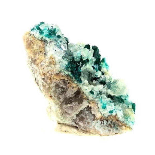 Stenar och mineraler. Dioptas + kalcit. 1398,5 cent. Kaokoveld-platån, Namibia.