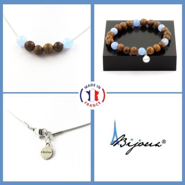 Stenar och mineraler. Aquamarine Beads Halsband Armband Set + 8 mm trä. Kedja i anpassningsbar storlek.