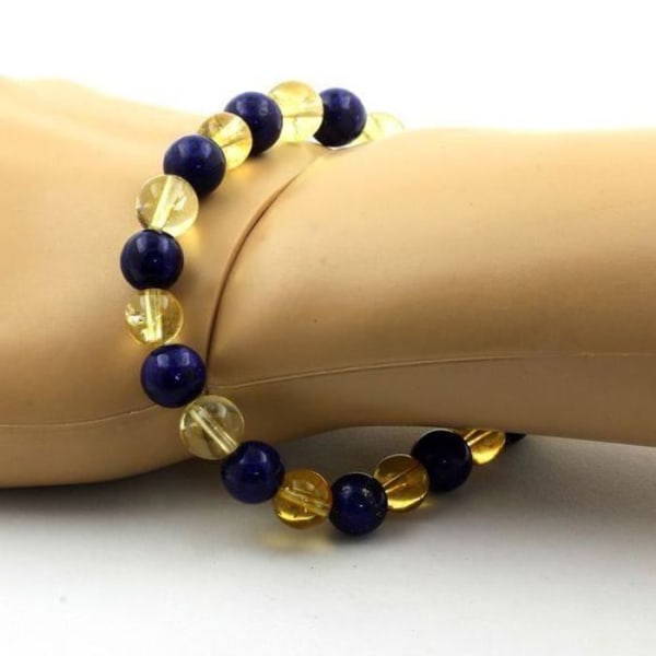 Sten og mineraler. Lapis Lazuli + Citrin Beads Armbånd 8 mm. Fremstillet i Frankrig.