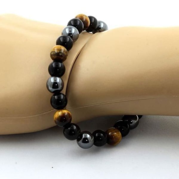 Stenar och mineraler. Armband Tiger Eye Beads + Hematite + Black Agate 8 mm. Tillverkad i Frankrike.