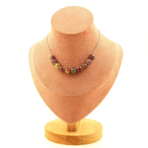 Stenar och mineraler. Halsband med 10 tvåfärgade turmalinpärlor 8 mm Rostfri stålkedja Halsband för kvinnor och män. Personlig storlek