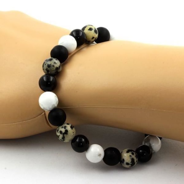 Armbands - ABIJOUX - Howlite, Dalmatisk Jasper, Matt svart Onyx, Agat - 19-20 cm - Blanda - Tillverkad i Frankrike Vit, svart, beige