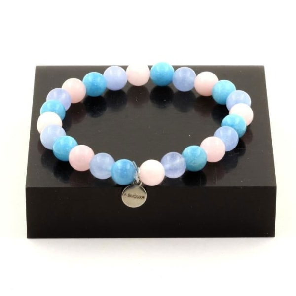Stenar och mineraler. Blå Kalcedon + Akvamarin + Rose Quartz Beads Armband 8 mm. Tillverkad i Frankrike.