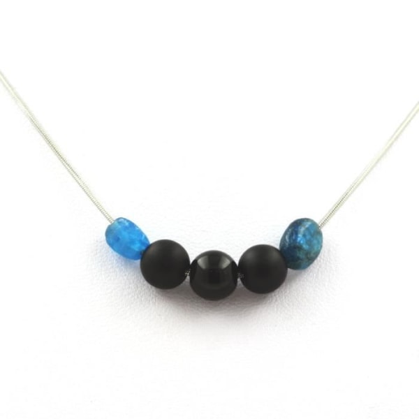 Stenar och mineraler. Halsband med 8 mm mattsvarta Onyxpärlor + svart Agat + blå Apatit från den rostfria stålkedjan.
