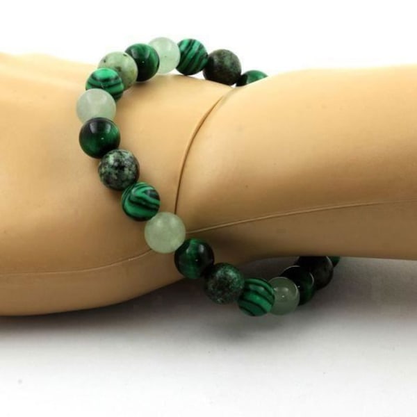 Sten og mineraler. Green Tiger Eye Beads Armbånd + Malakit + Aventurin + Lavet i Frankrig.